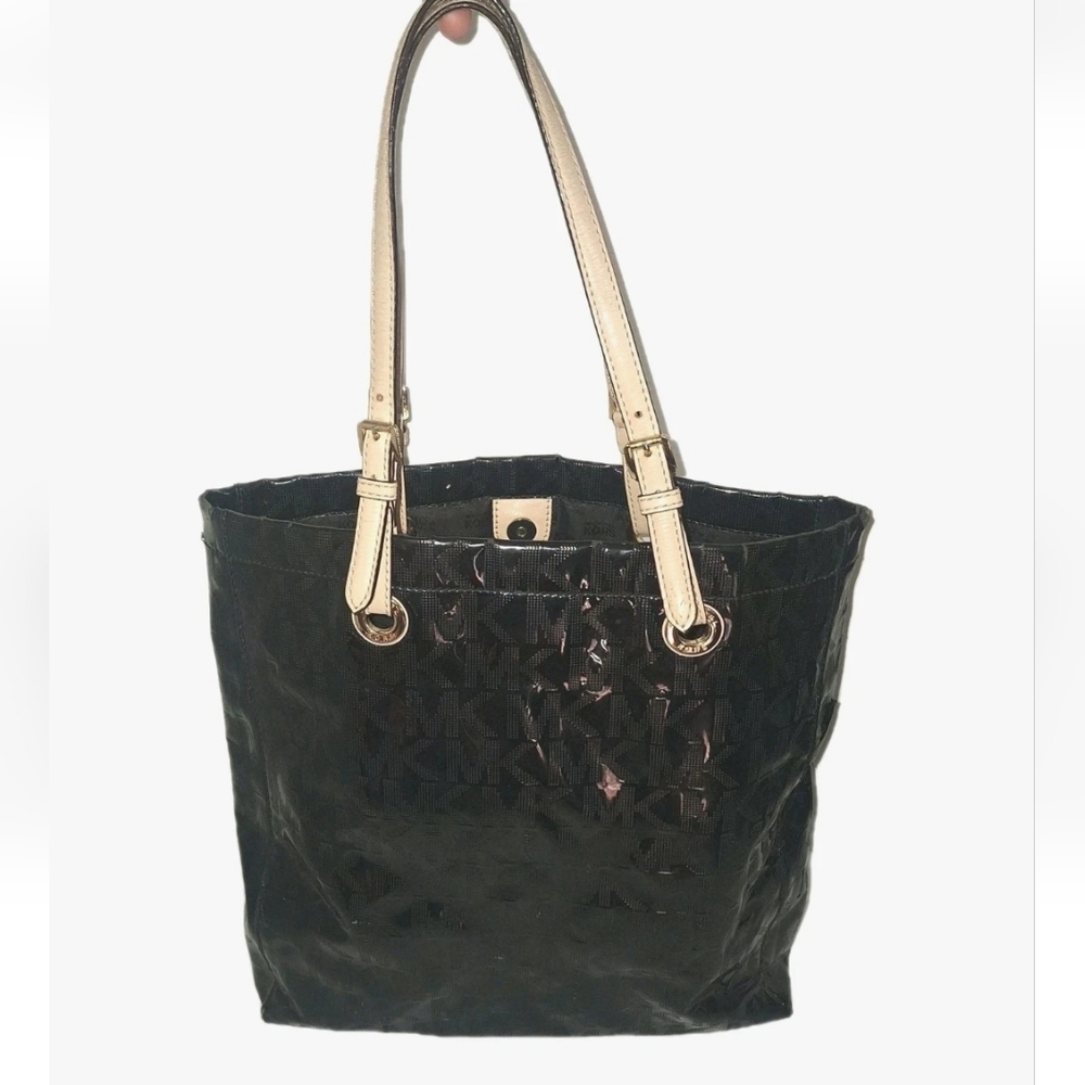 Michael Kors Large Jet Set Logo Tote Black Shoulder Patent Leather Bag Purse GUC